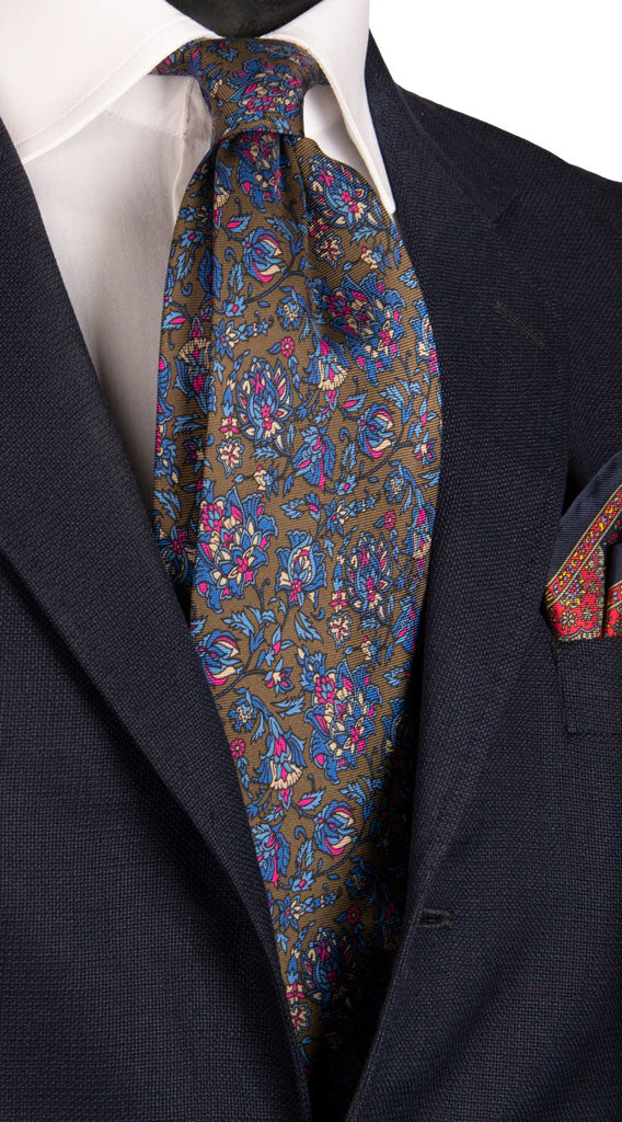 Cravatta Vintage in Twill di Seta Marrone Fantasia a Fiori Multicolor Made in Italy Graffeo Cravatte