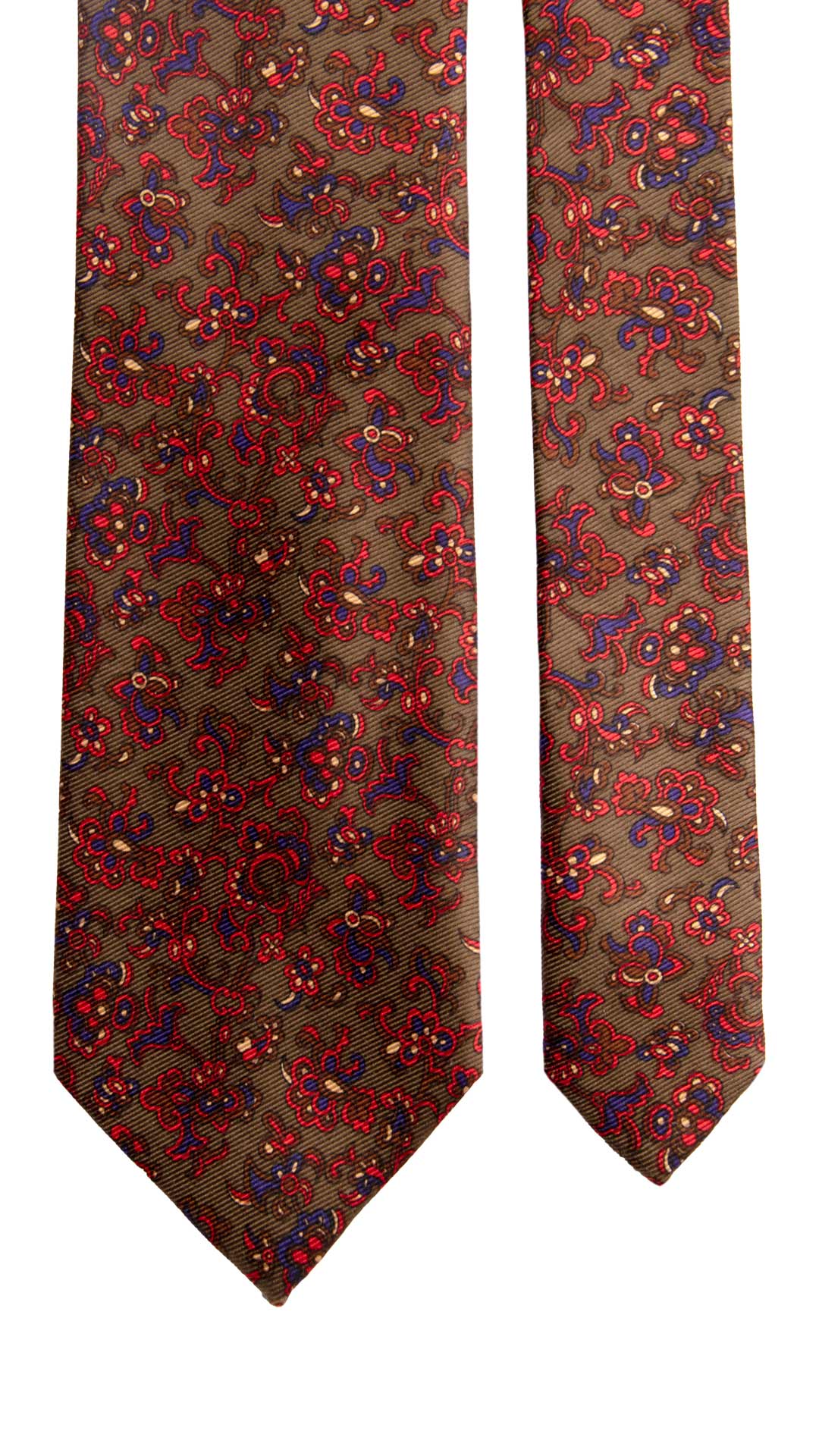 Cravatta Vintage in Twill di Seta Marrone a Fiori Fucsia Blu Avorio CV1178 Made in Italy Graffeo Cravatte Pala