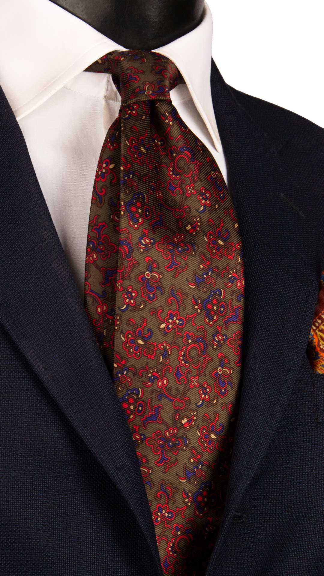 Cravatta Vintage in Twill di Seta Marrone a Fiori Fucsia Blu Avorio CV1178 Made in Italy Graffeo Cravatte