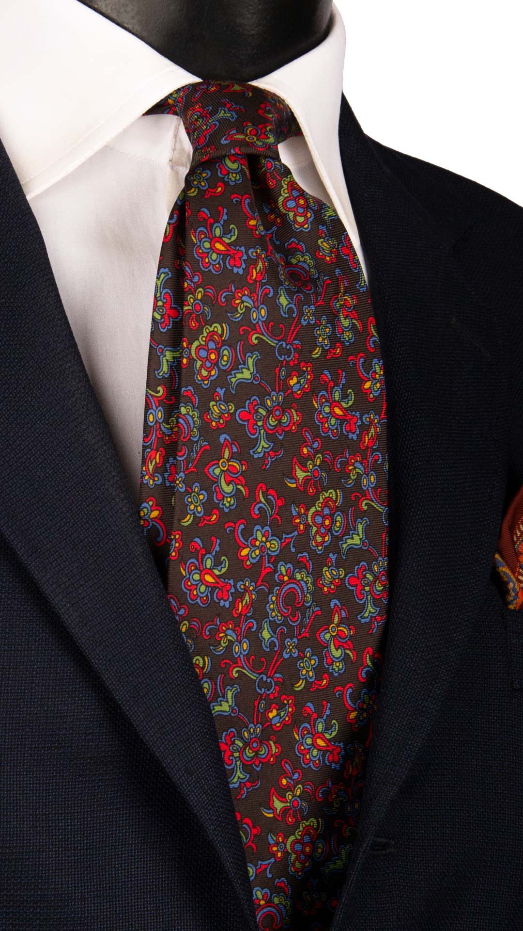 Cravatta Vintage in Twill di Seta Marrone a Fiori Multicolor CV1049 Made in Italy Graffeo Cravatte