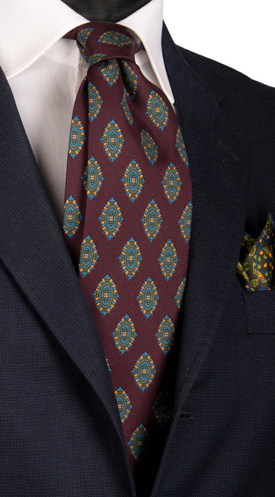 Cravatta Vintage in Twill di Seta Melanzana Fantasia Celeste Verde Gialla Made in italy Graffeo Cravatte