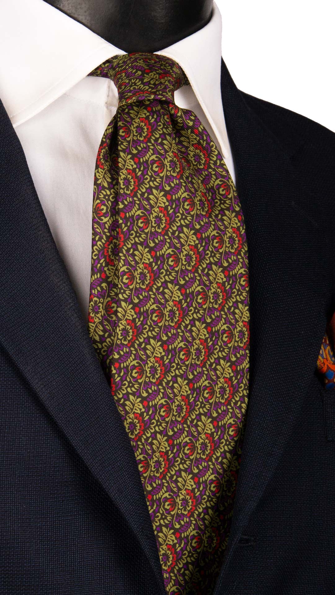 Cravatta Vintage in Twill di Seta Nera a Fiori Verde Viola Rosso CV1005 Made in Italy Graffeo Cravatte Pala