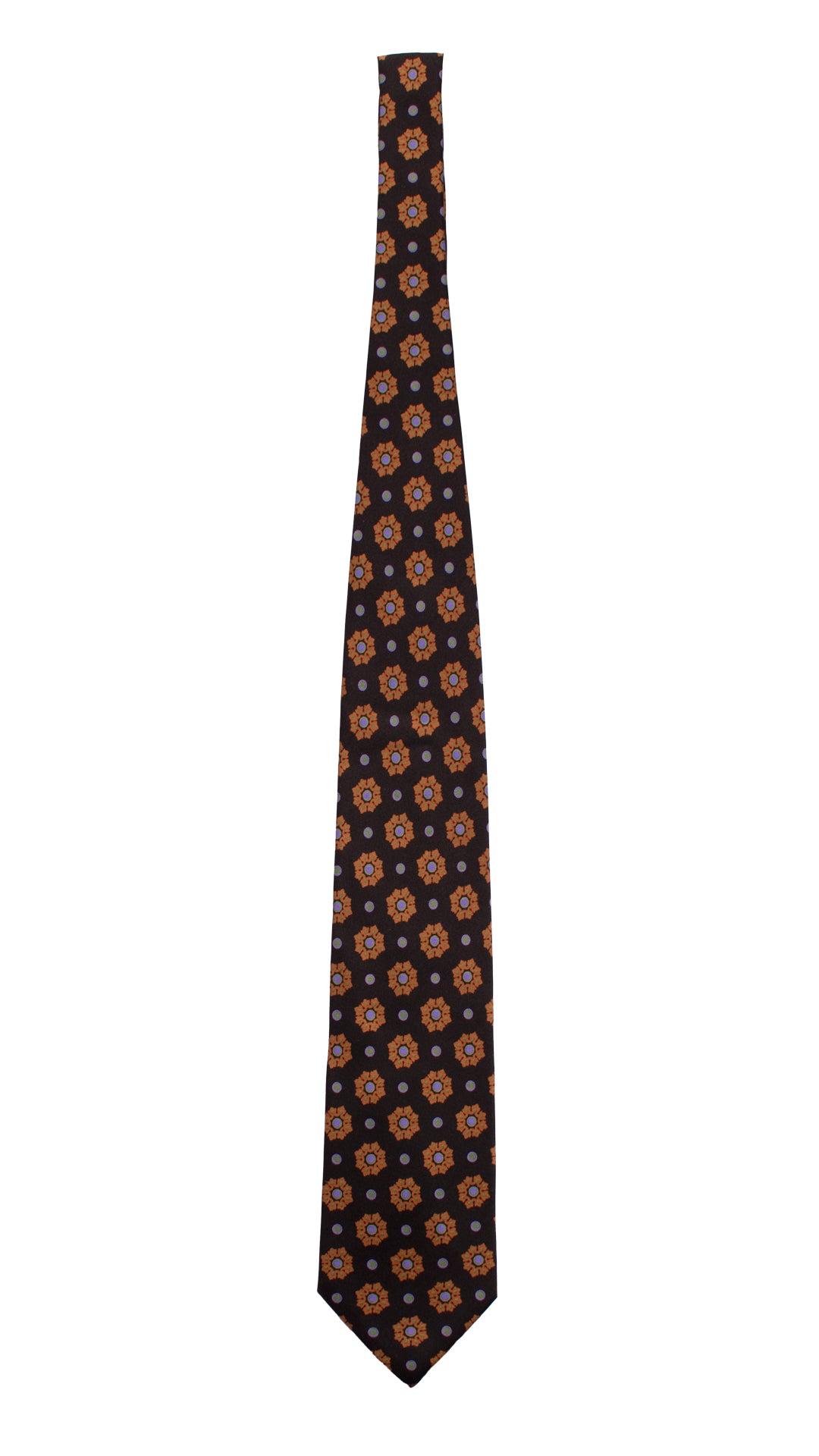 Cravatta Vintage in Twill di Seta Nera Fantasia Arancione Verde Lilla CV789 Intera