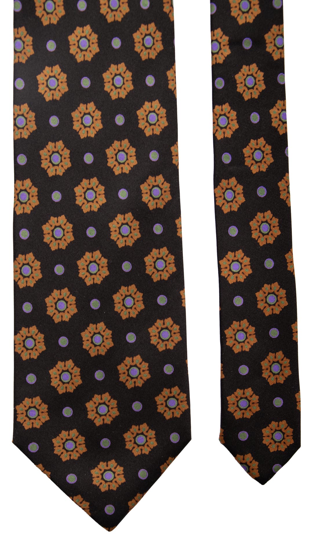 Cravatta Vintage in Twill di Seta Nera Fantasia Arancione Verde Lilla CV789 Pala