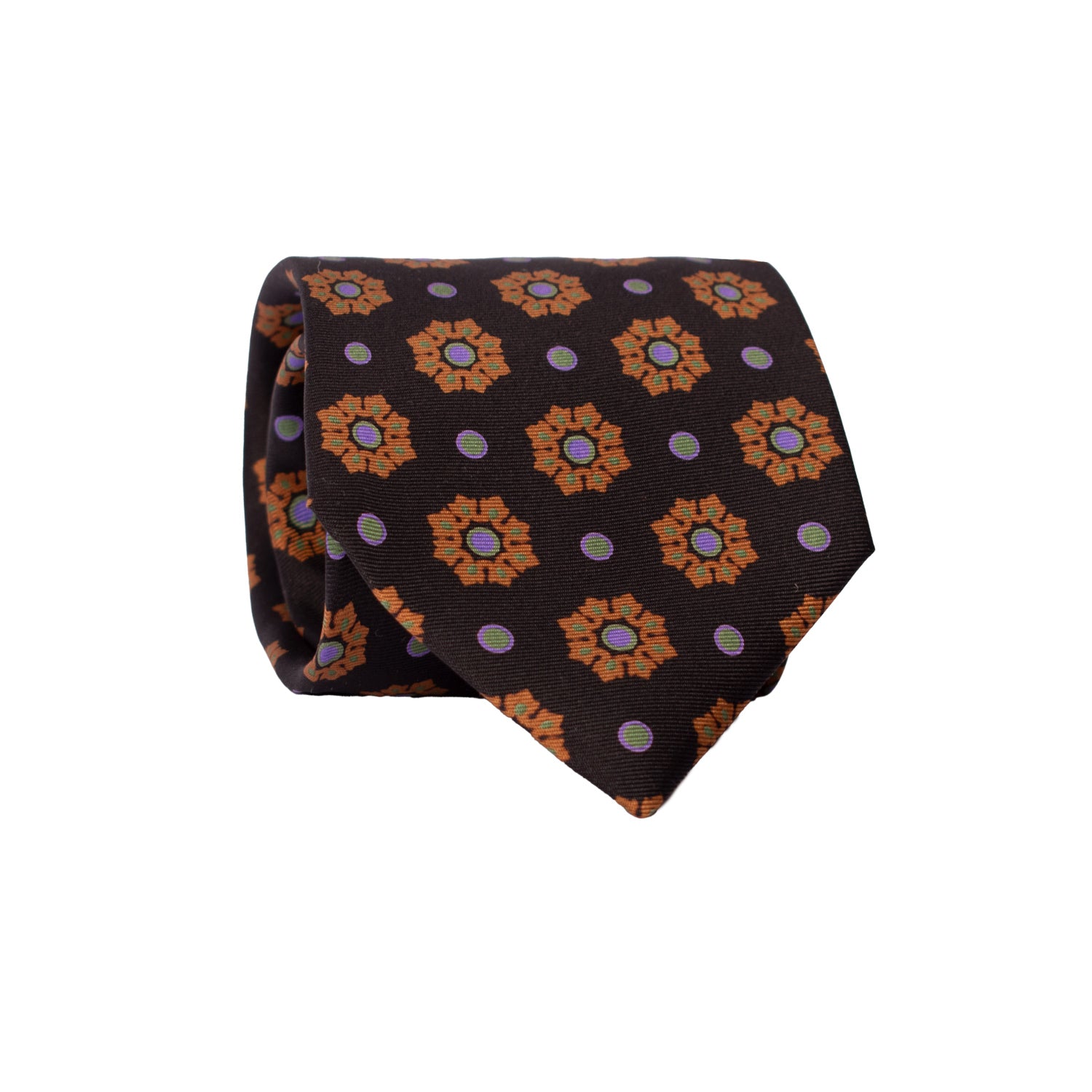 Cravatta Vintage in Twill di Seta Nera Fantasia Arancione Verde Lilla CV789 Rotolo