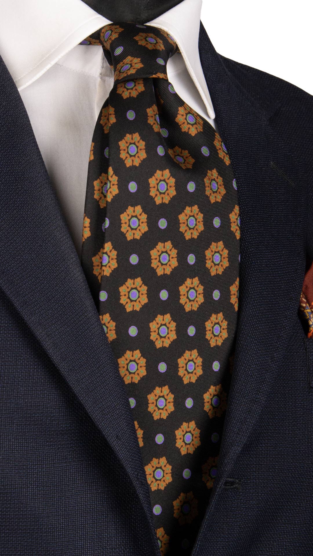 Cravatta Vintage in Twill di Seta Nera Fantasia Arancione Verde Lilla CV789 Made in Italy Graffeo Cravatte