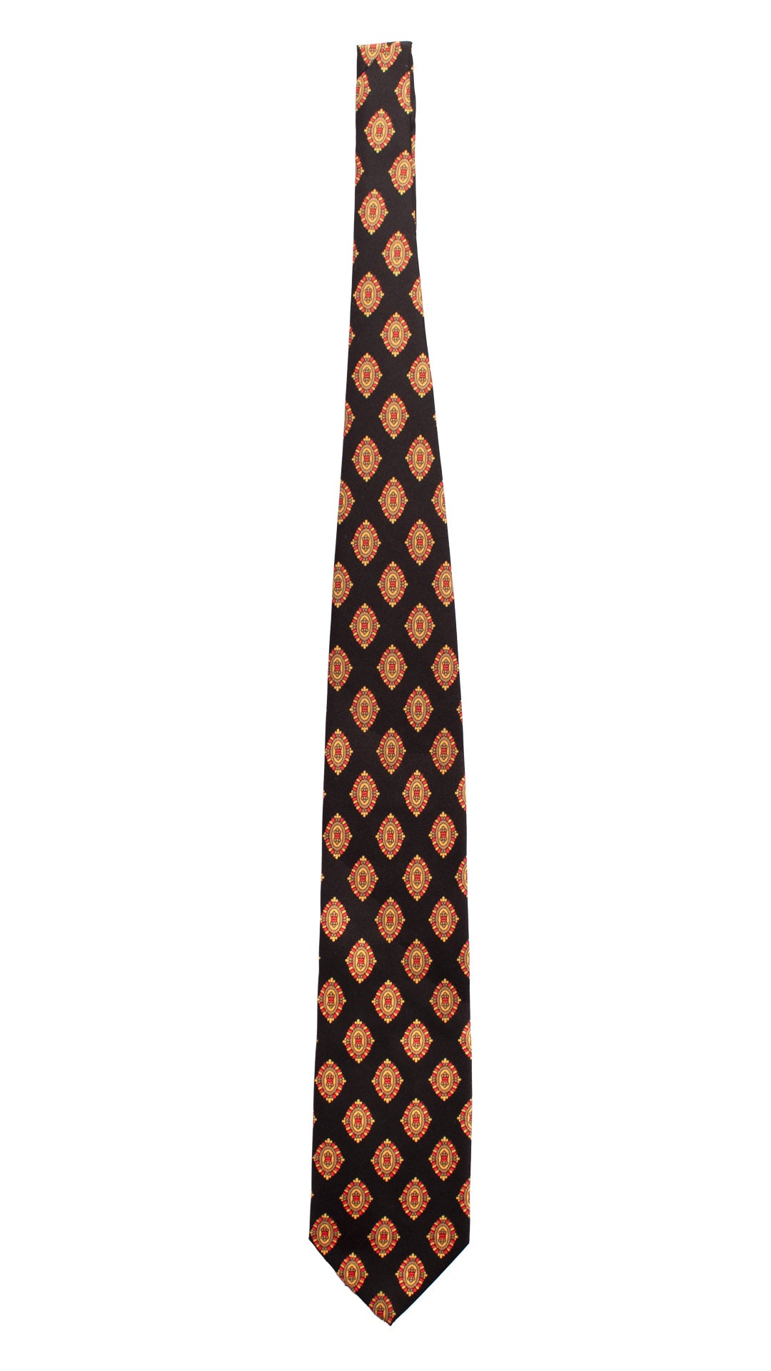 Cravatta Vintage in Twill di Seta Nera Fantasia Magenta Giallo Oro CV823 Intera