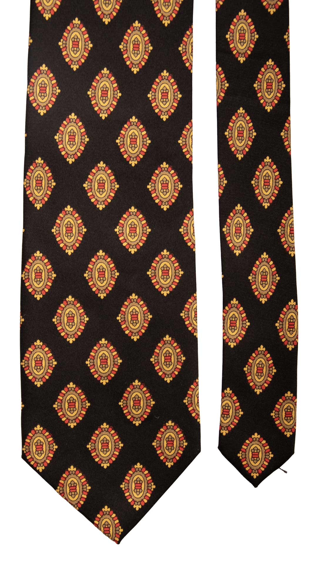 Cravatta Vintage in Twill di Seta Nera Fantasia Magenta Giallo Oro CV823 Pala
