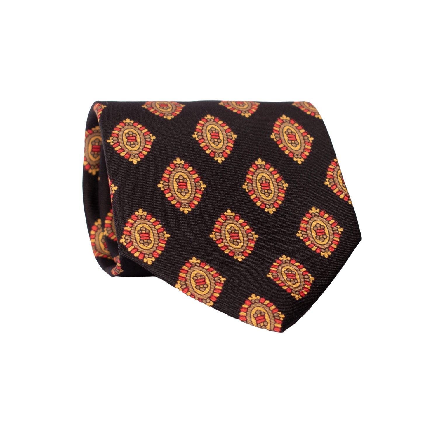 Cravatta Vintage in Twill di Seta Nera Fantasia Magenta Giallo Oro CV823 Rotolo