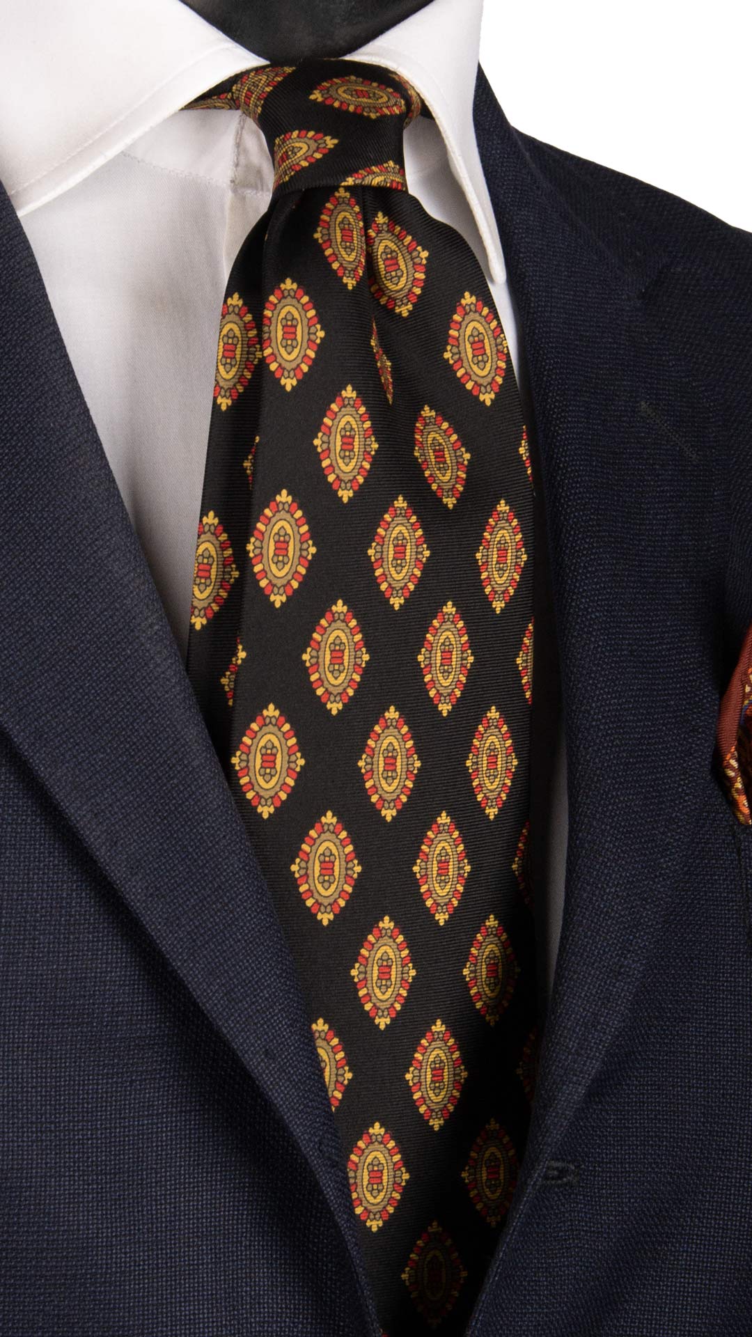 Cravatta Vintage in Twill di Seta Nera Fantasia Magenta Giallo Oro CV823 made in Italy Graffeo Cravatte