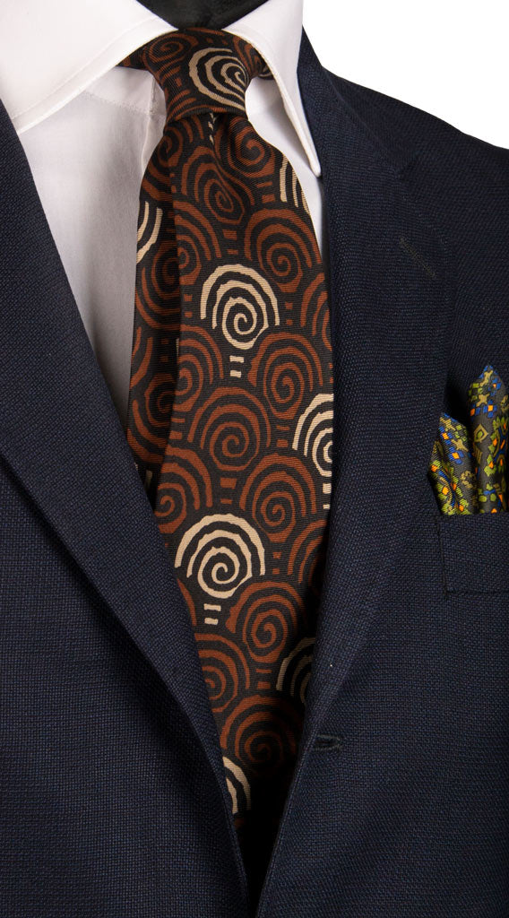 Cravatta Vintage in Twill di Seta Nera Fantasia Marrone Beige Made in Italy Graffeo Cravatte