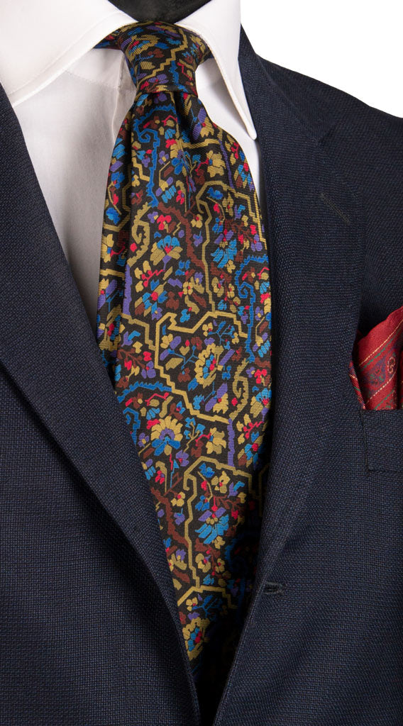 Cravatta Vintage in Twill di Seta Nera Fantasia Multicolor CV516