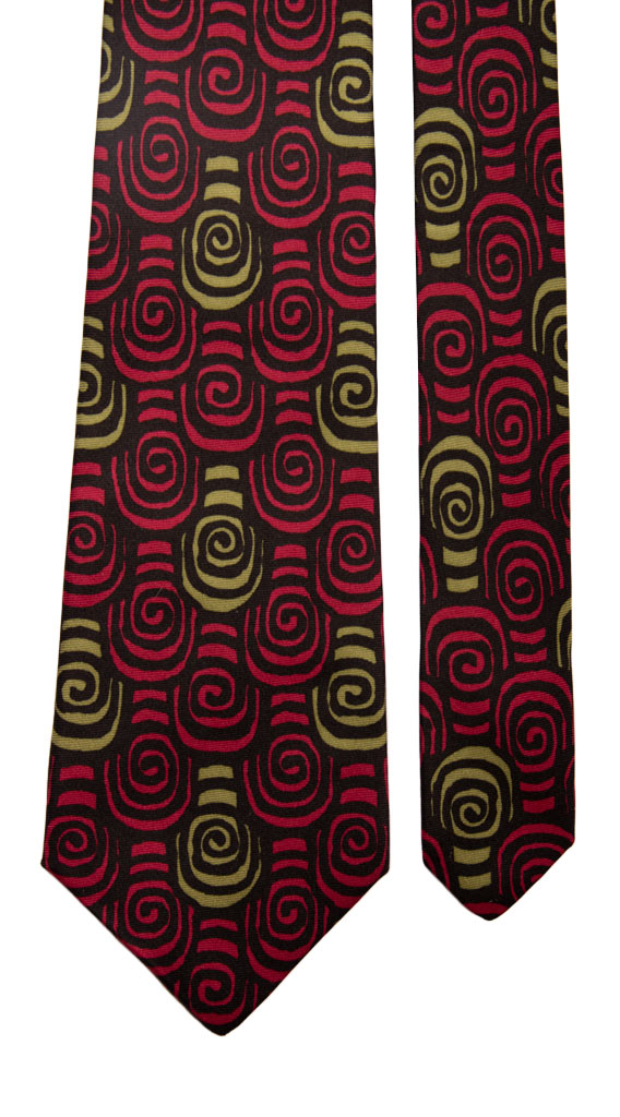 Cravatta Vintage in Twill di Seta Nera Fantasia Rosso Fragola Verde Made in Italy Graffeo Cravatte Pala