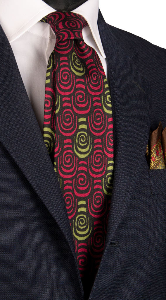 Cravatta Vintage in Twill di Seta Nera Fantasia Rosso Fragola Verde Made in Italy Graffeo Cravatte