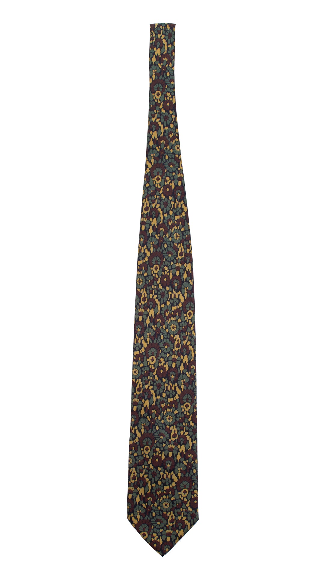 Cravatta Vintage in Twill di Seta Nera Fantasia Verde Senape Marrone CV790 Intera