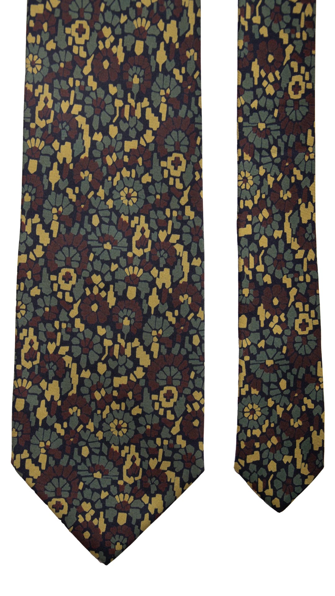 Cravatta Vintage in Twill di Seta Nera Fantasia Verde Senape Marrone CV790 Pala
