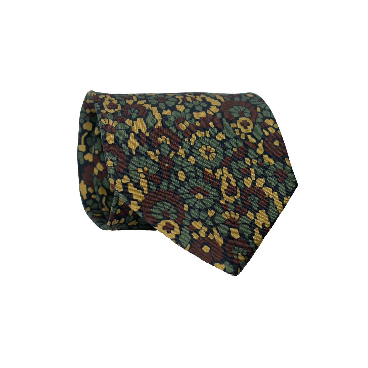 Cravatta Vintage in Twill di Seta Nera Fantasia Verde Senape Marrone CV790 Rotolo