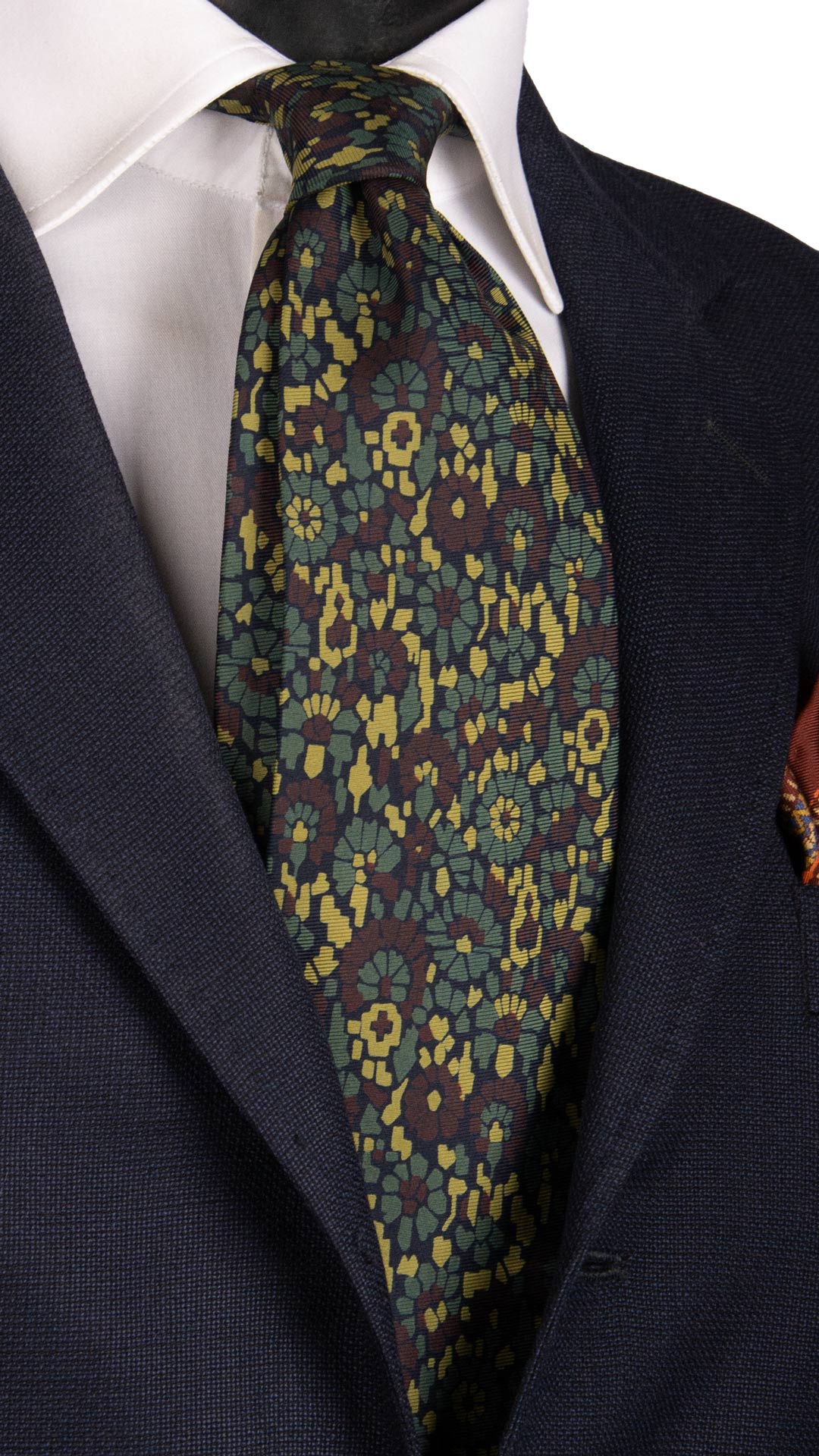 Cravatta Vintage in Twill di Seta Nera Fantasia Verde Senape Marrone CV790 Made in Italy Graffeo Cravatte