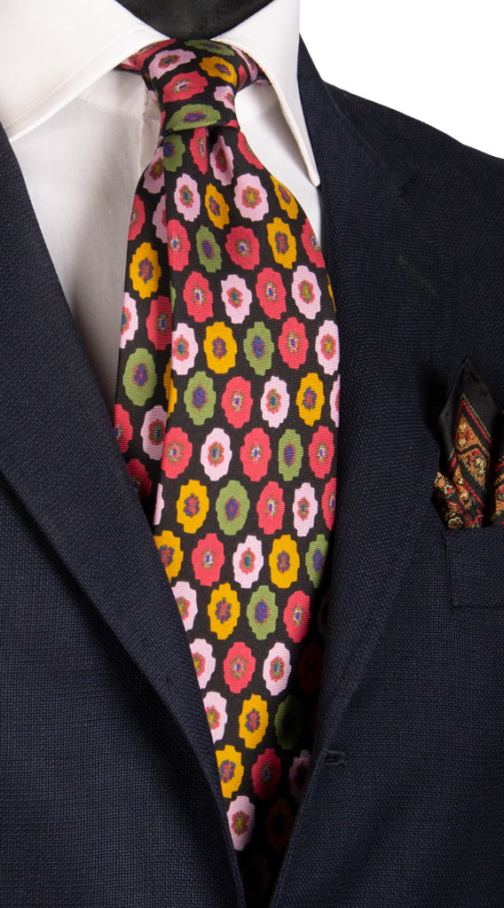 Cravatta Vintage in Twill di Seta Nera a Fiori Multicolor Made in Italy Graffeo Cravatte