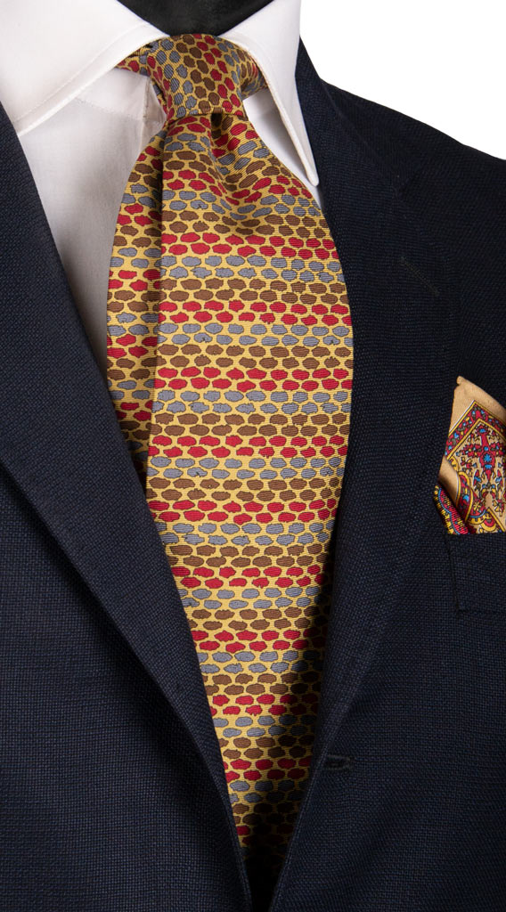 Cravatta Vintage in Twill di Seta Sabbia Fantasia Marrone Rosso Celeste Made in Italy Graffeo Cravatte