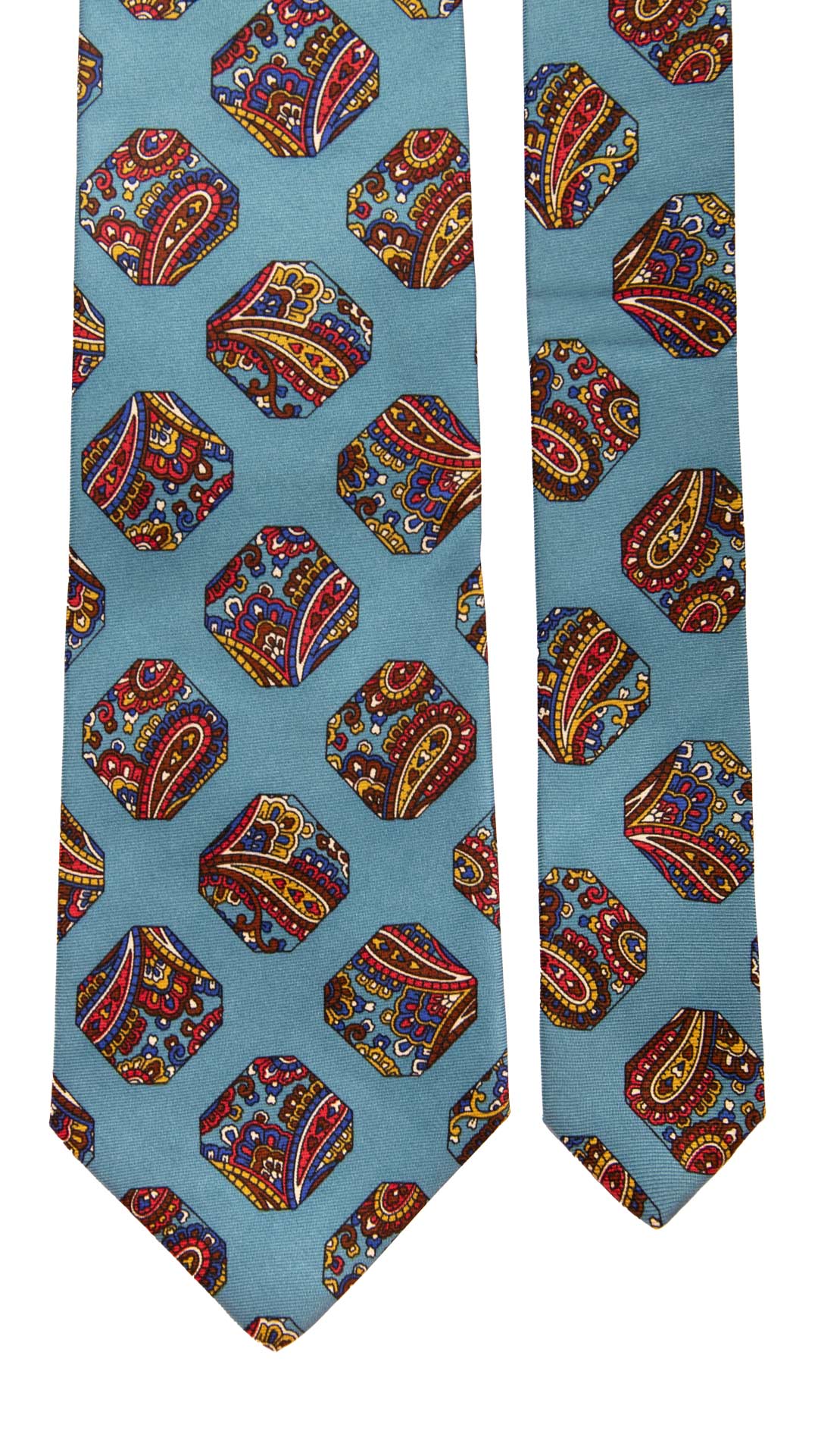 Cravatta Vintage in Twill di Seta Turchese Fantasia Multicolor CV898 Made in Italy Graffeo Cravatte Pala