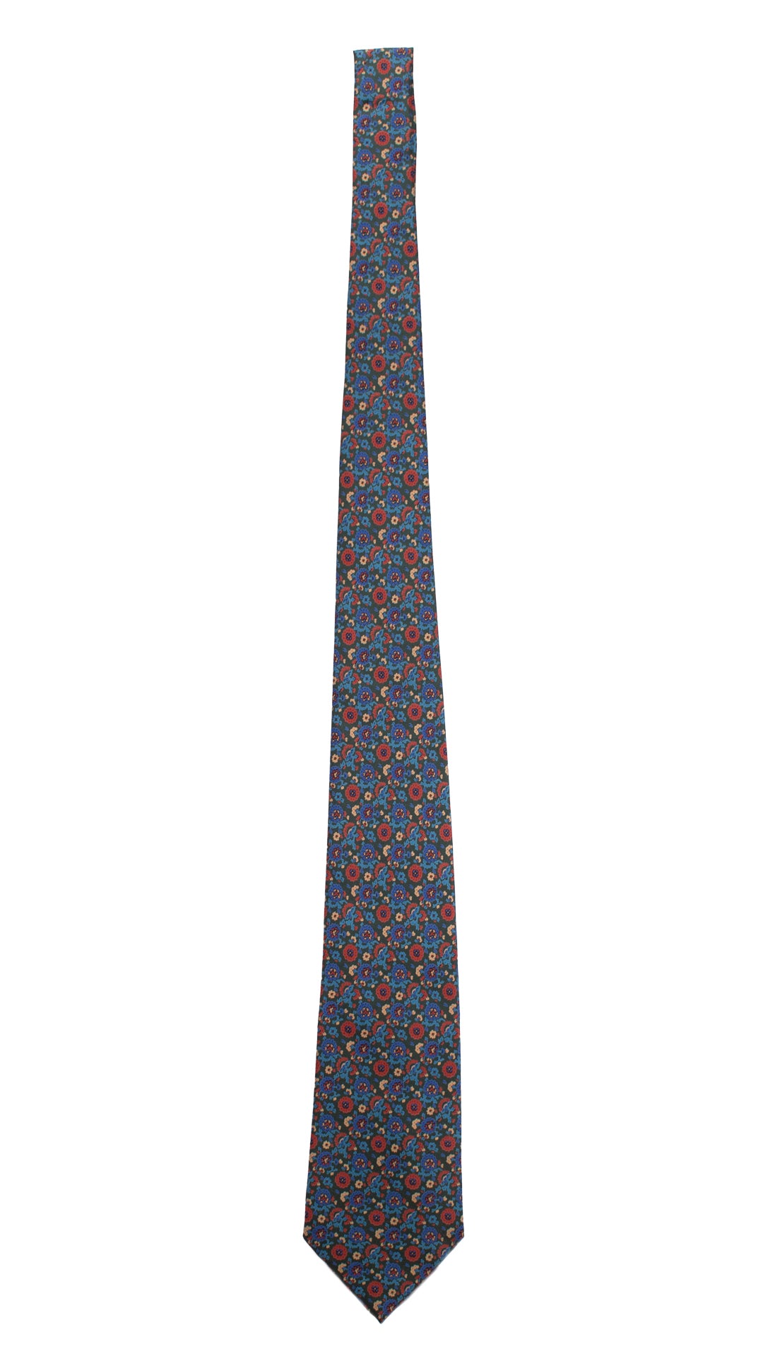 Cravatta Vintage in Twill di Seta Verde A Fiori Blu Celesti Rossi CV766 Intera