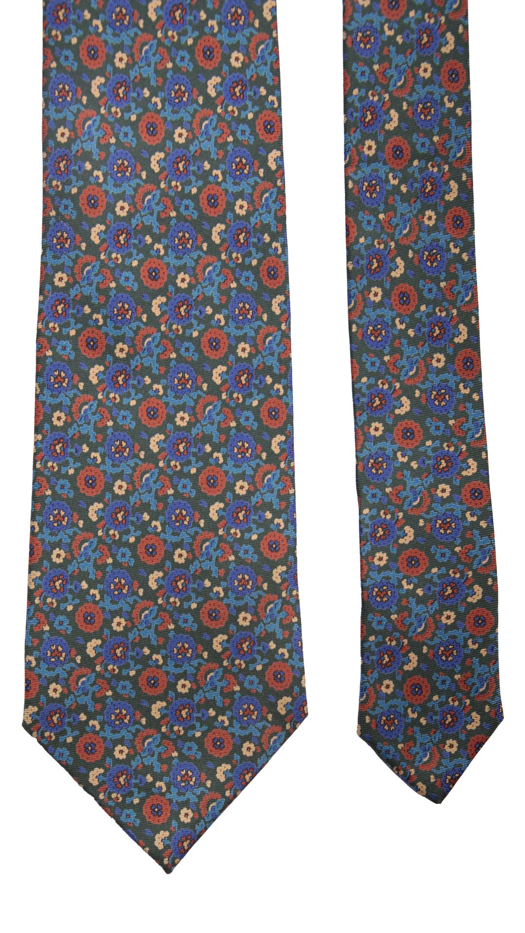 Cravatta Vintage in Twill di Seta Verde A Fiori Blu Celesti Rossi CV766 Pala