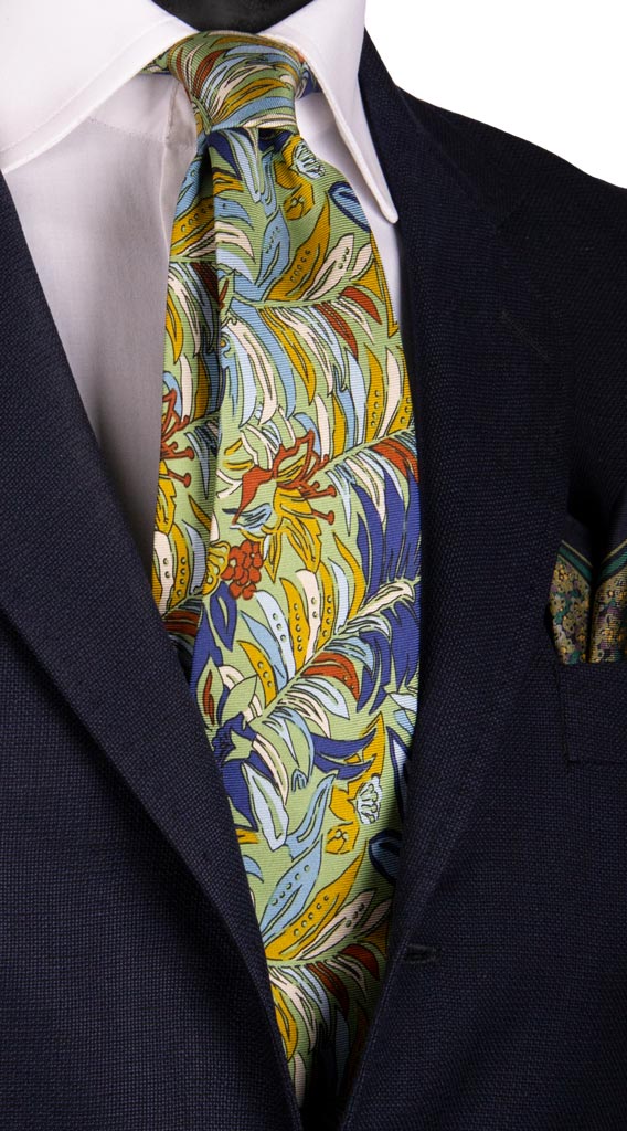 Cravatta Vintage in Twill di Seta Verde Acqua a Fiori Multicolor Made in italy Graffeo Cravatte