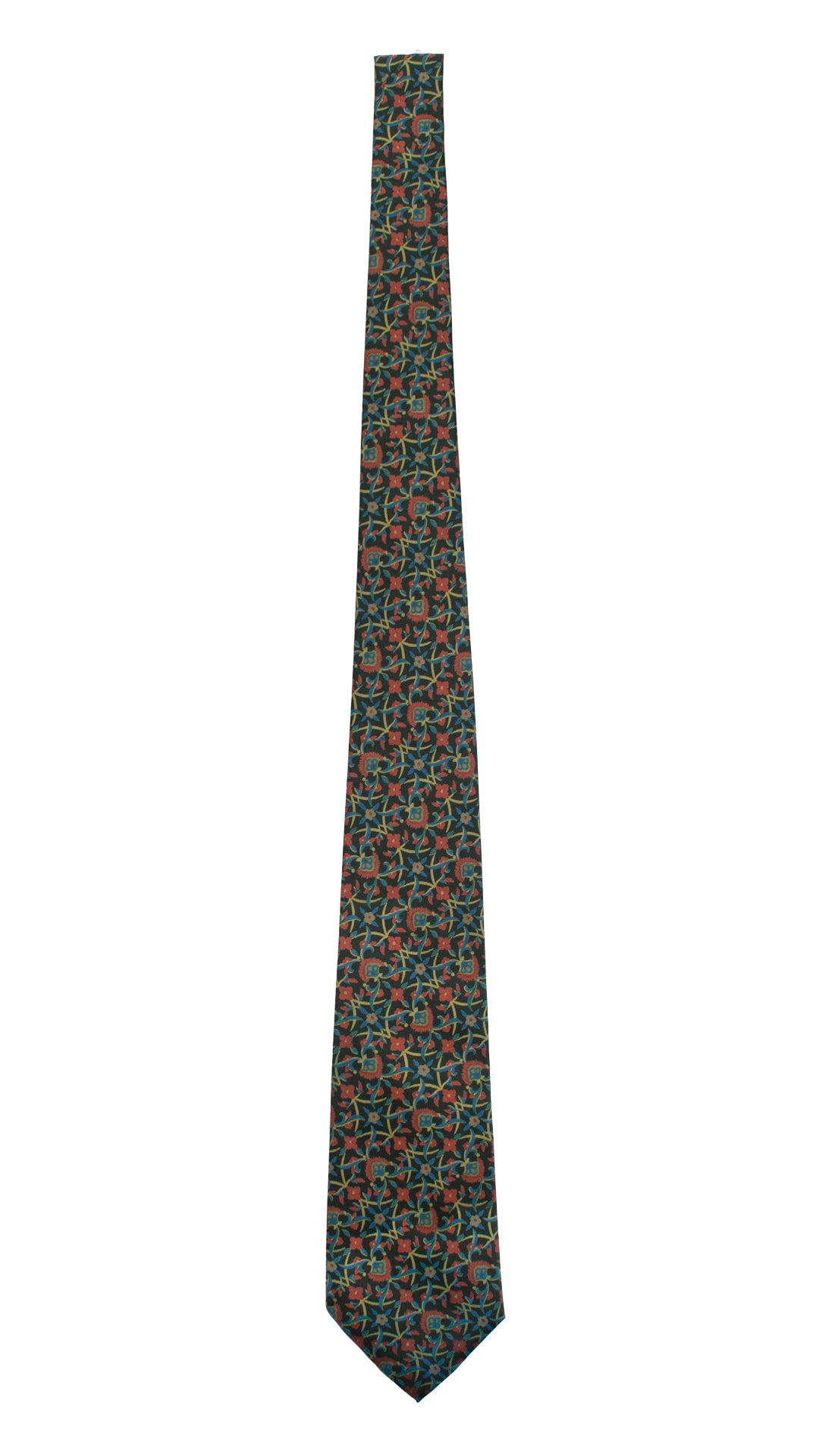 Cravatta Vintage in Twill di Seta Verde Bottiglia A Fiori Bluette Verde Rosso CV783 Intera