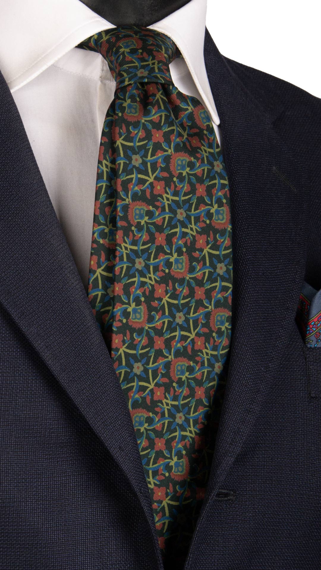 Cravatta Vintage in Twill di Seta Verde Bottiglia A Fiori Bluette Verde Rosso CV783 Made in Italy Graffeo Cravatte