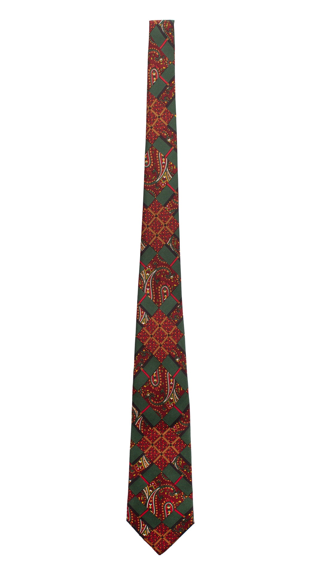 Cravatta Vintage in Twill di Seta Verde Bottiglia Fantasia Multicolor CV826 Intera