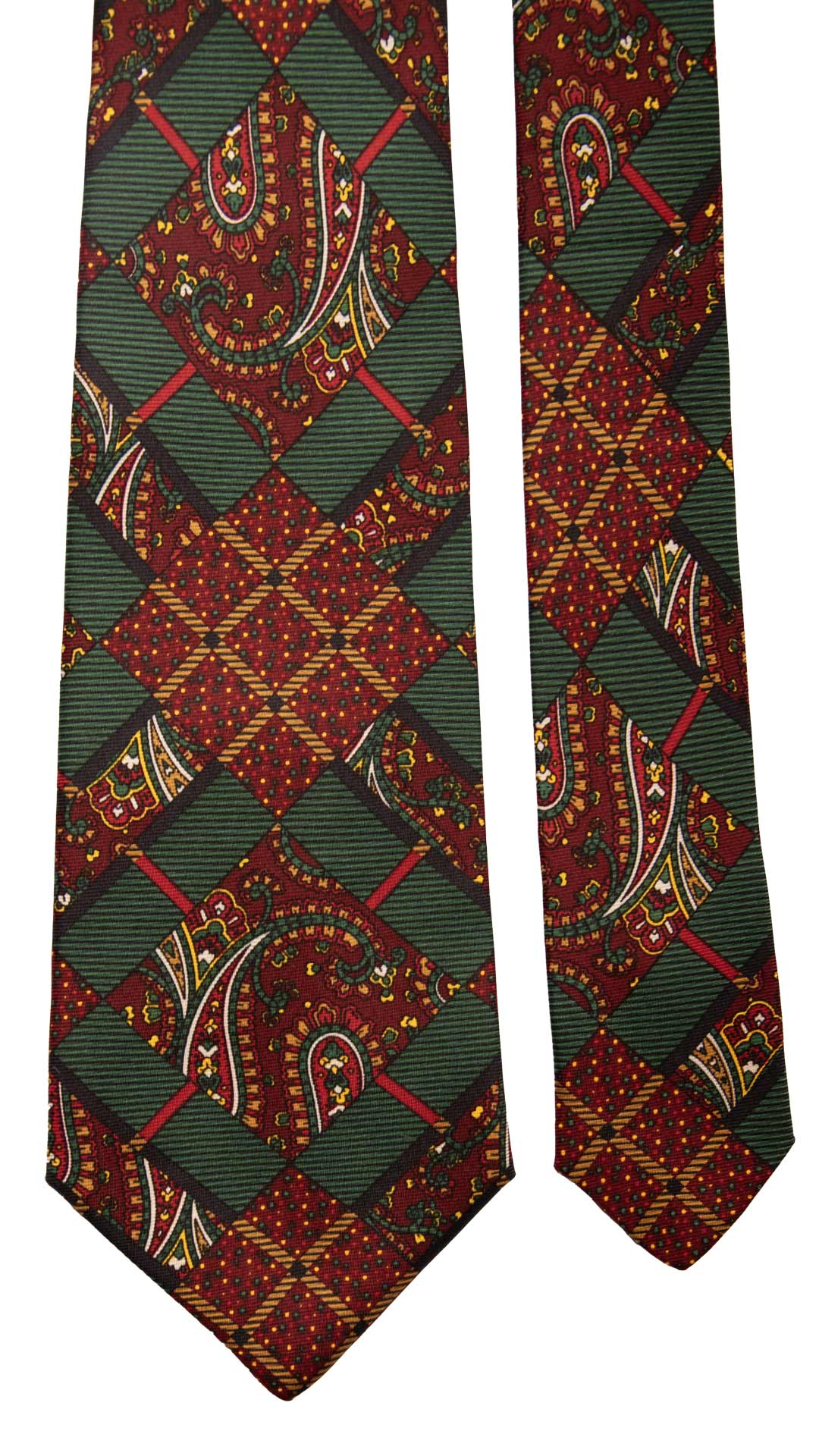 Cravatta Vintage in Twill di Seta Verde Bottiglia Fantasia Multicolor CV826 Pala