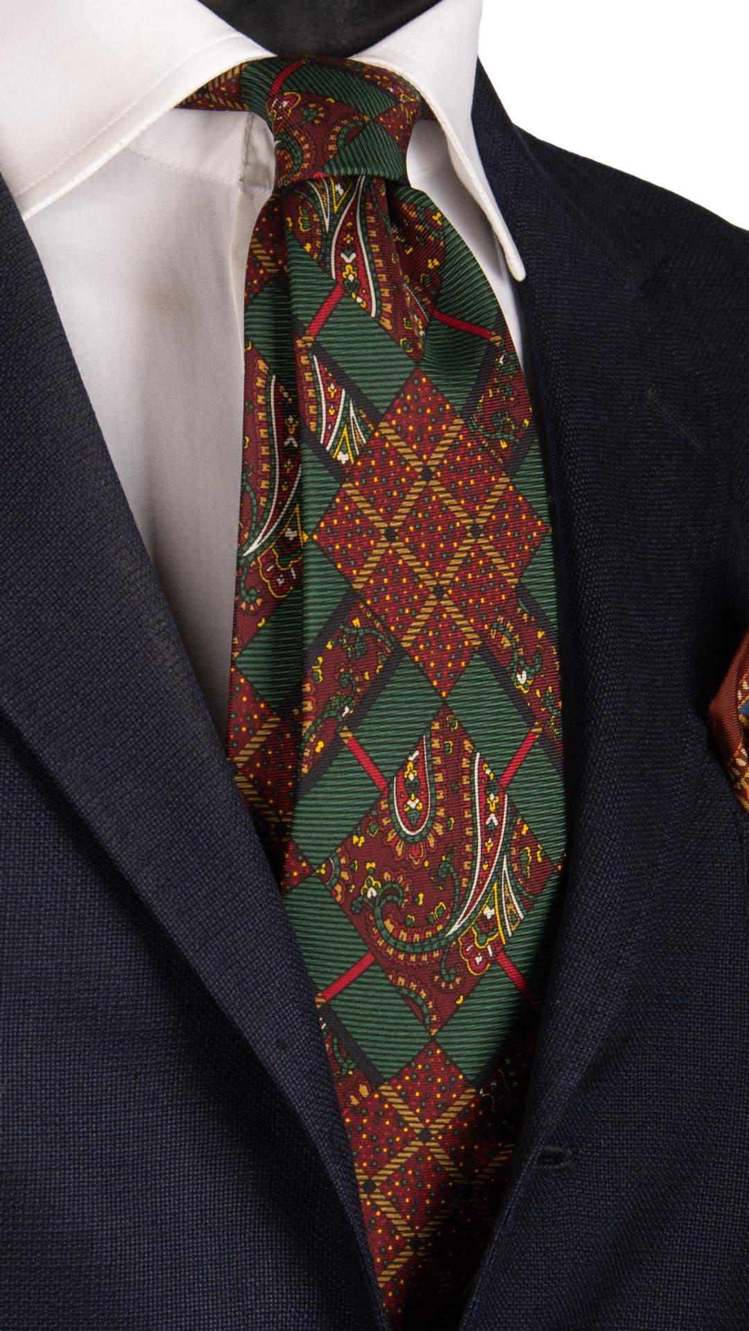 Cravatta Vintage in Twill di Seta Verde Bottiglia Fantasia Multicolor CV826 Made in Italy Graffeo Cravatte