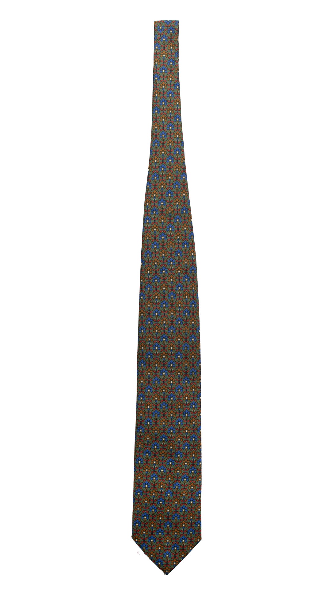Cravatta Vintage in Twill di Seta Verde Fantasia Blu Magenta Marrone CV834 Intera