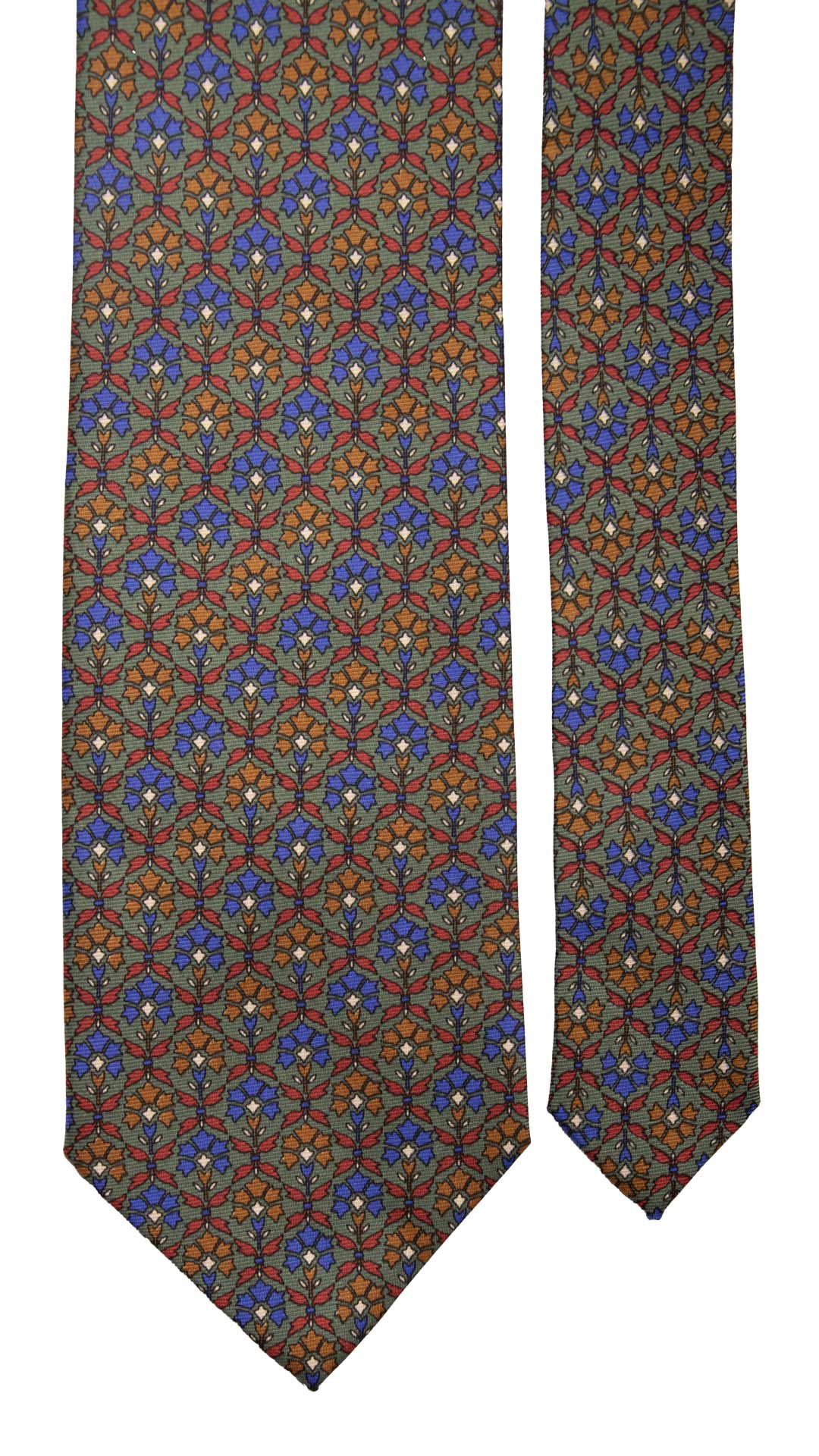 Cravatta Vintage in Twill di Seta Verde Fantasia Blu Magenta Marrone CV834 Pala