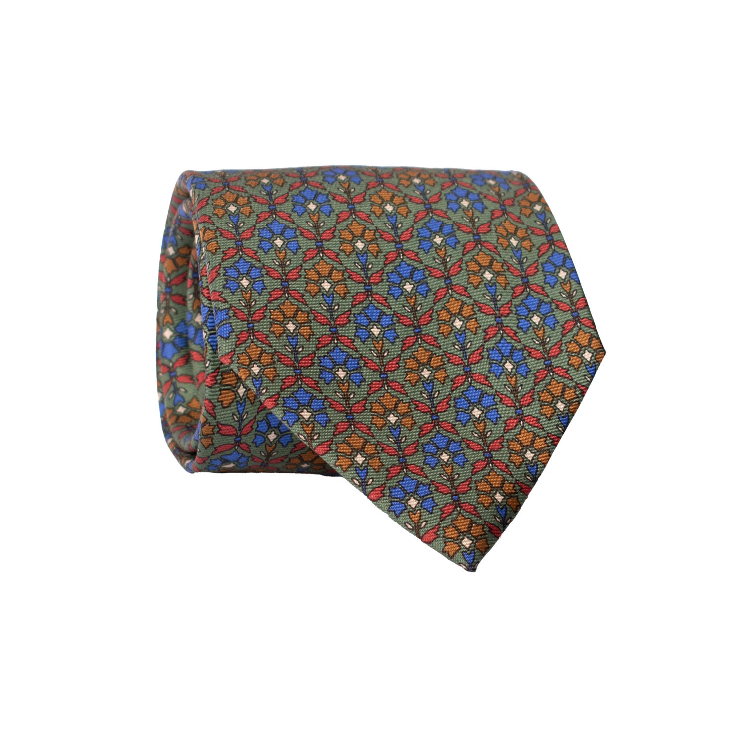 Cravatta Vintage in Twill di Seta Verde Fantasia Blu Magenta Marrone CV834 Rotolo
