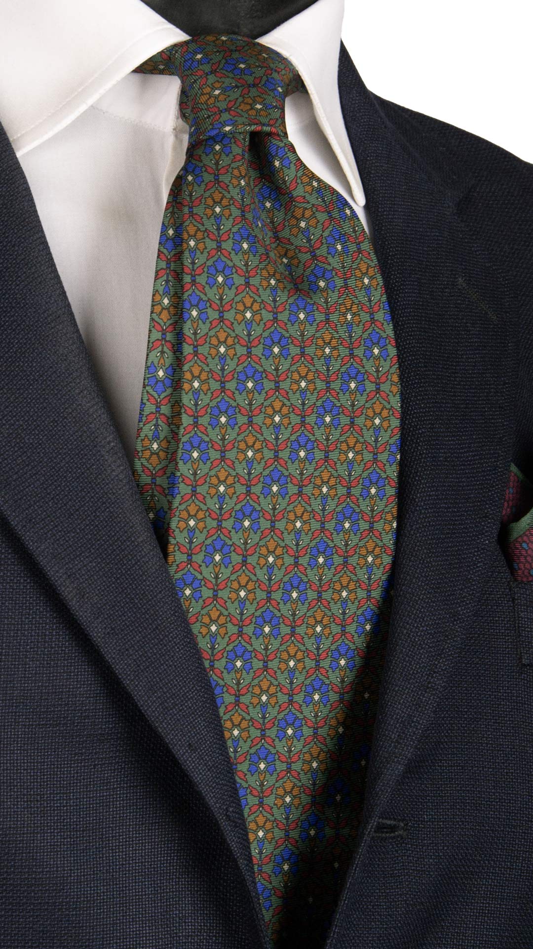 Cravatta Vintage in Twill di Seta Verde Fantasia Blu Magenta Marrone CV834 MAde in Italy Graffeo Cravatte