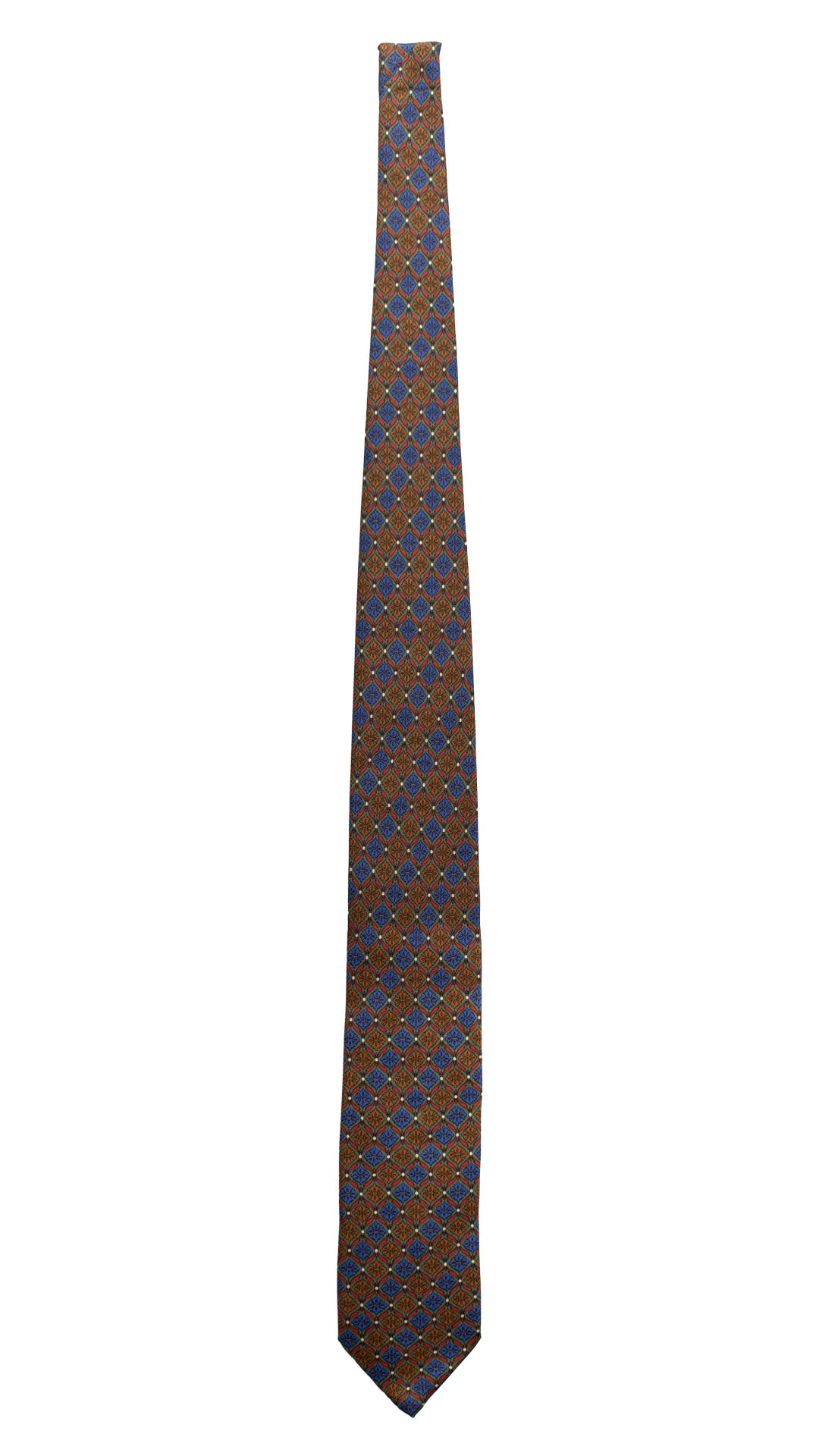 Cravatta Vintage in Twill di Seta Verde Fantasia Blu Magenta Marrone CV835 Intera