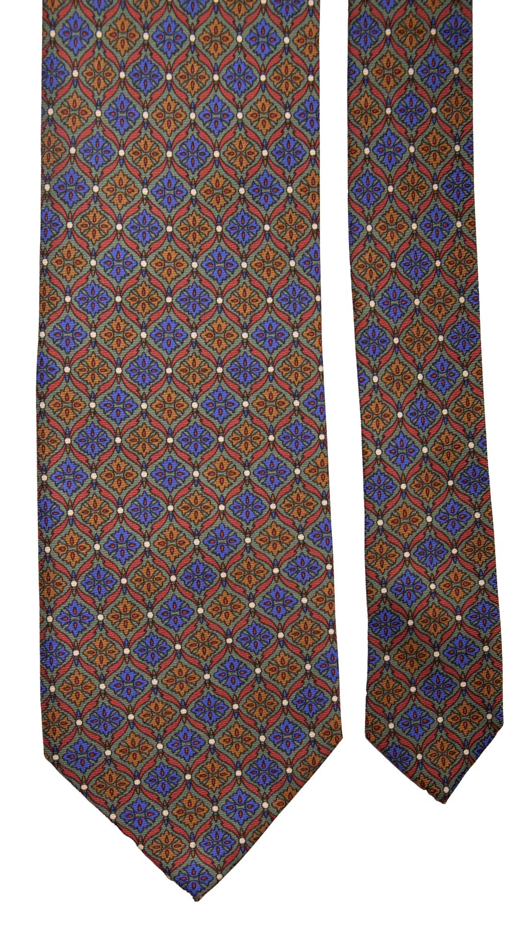 Cravatta Vintage in Twill di Seta Verde Fantasia Blu Magenta Marrone CV835 Pala