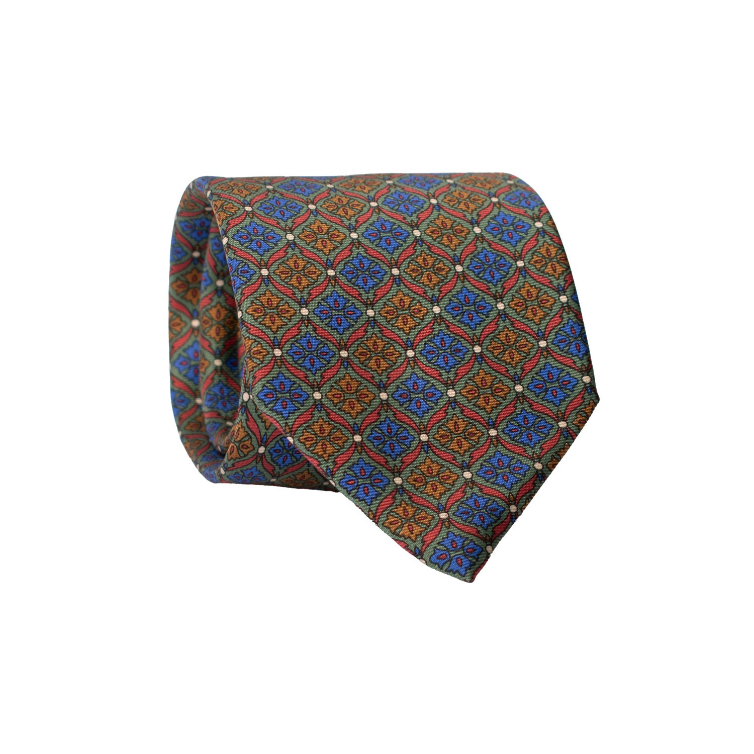 Cravatta Vintage in Twill di Seta Verde Fantasia Blu Magenta Marrone CV835 Rotolo