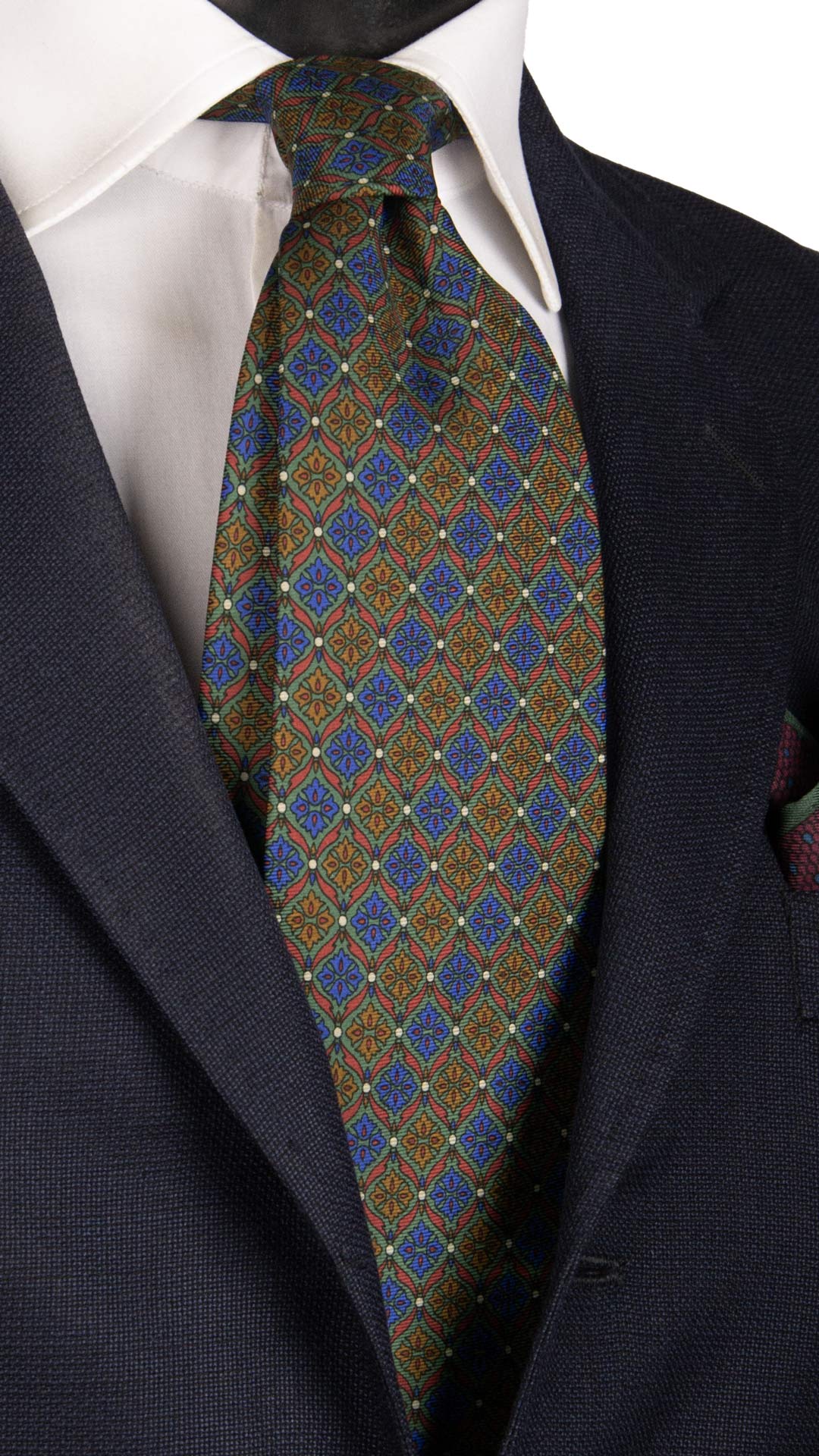Cravatta Vintage in Twill di Seta Verde Fantasia Blu Magenta Marrone CV835 Made in Italy Graffeo Cravatte