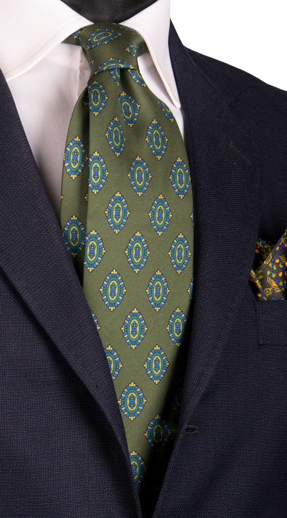 Cravatta Vintage in Twill di Seta Verde Fantasia Celeste Verde Sabbia Made in Italy Graffeo Cravatte