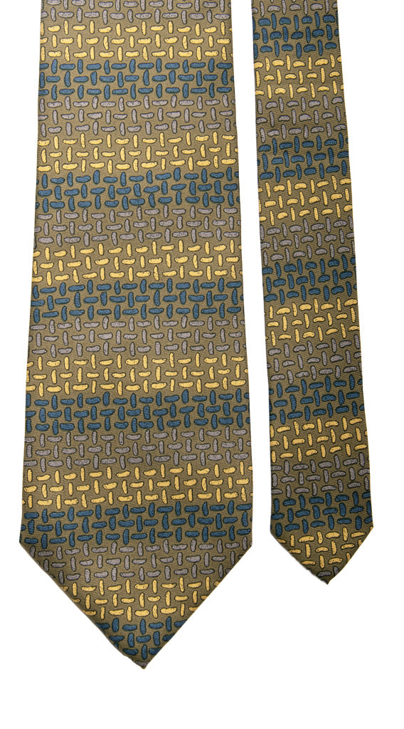 Cravatta Vintage in Twill di Seta Verde Fantasia Grigio Blu Sabbia Made in Italy Graffeo Cravatte Pala