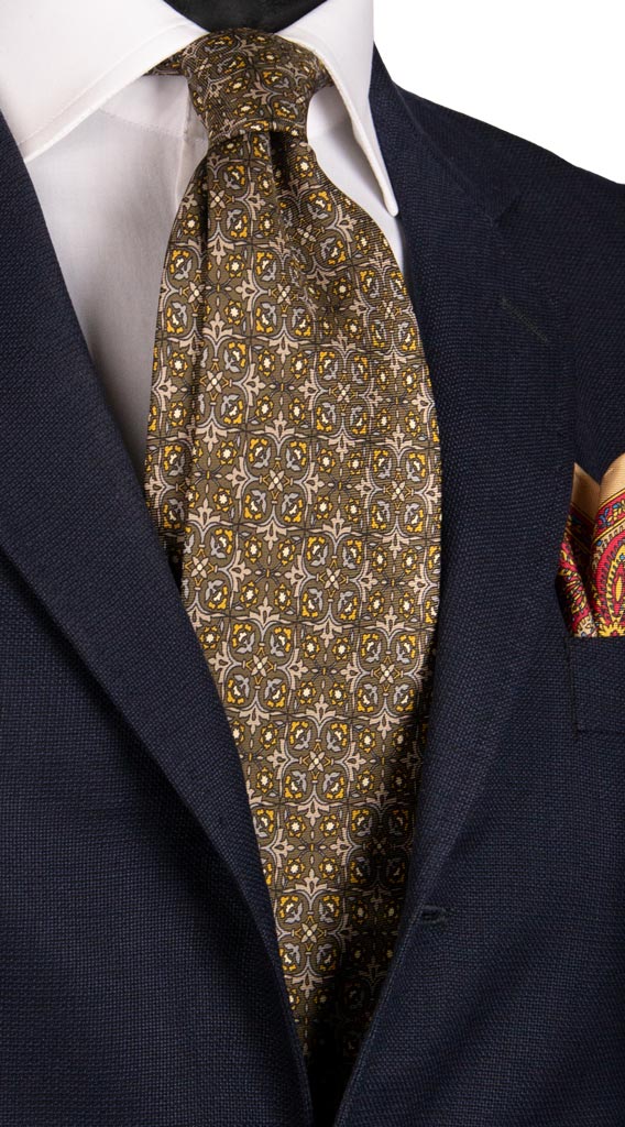 Cravatta Vintage in Twill di Seta Verde Fantasia Grigio Senape Made in Italy Graffeo Cravatte