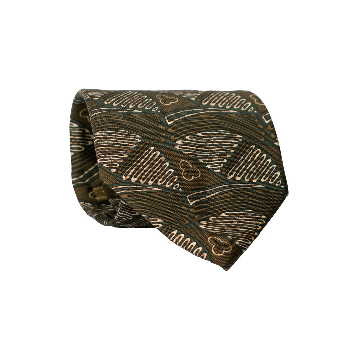 Cravatta Vintage in Twill di Seta Verde Fantasia Marrone Avorio CV796 Rotolo