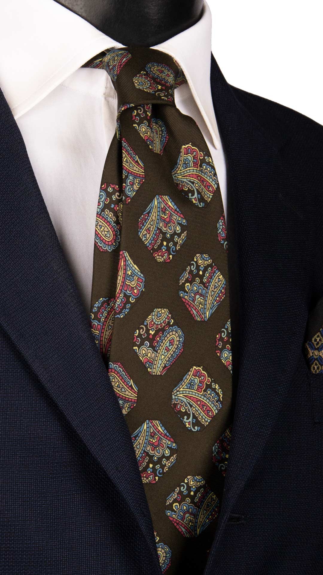 Cravatta Vintage in Twill di Seta Verde Oliva Scuro Fantasia Multicolor CV901 Made in Italy Graffeo Cravatte