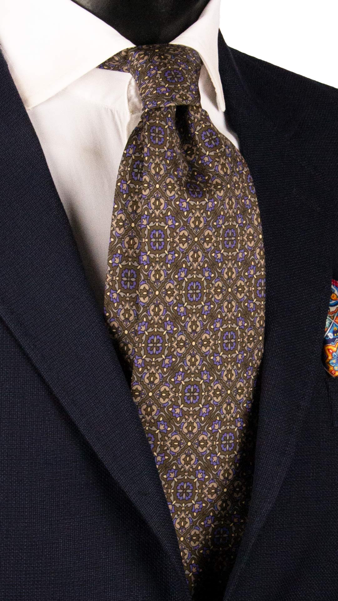 Cravatta Vintage in Twill di Seta Verde Muschio Fantasia Blu Avio Grigio CV524 Made in Italy Graffeo Cravatte