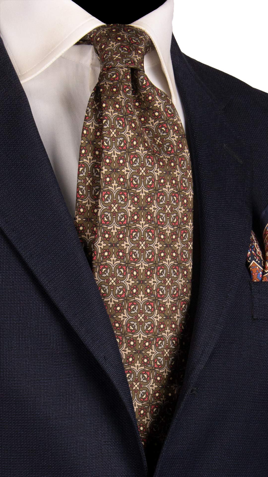 Cravatta Vintage in Twill di Seta Verde Muschio Fantasia Rosso Fragola Grigio CV525 Made in Italy Graffeo Cravatte