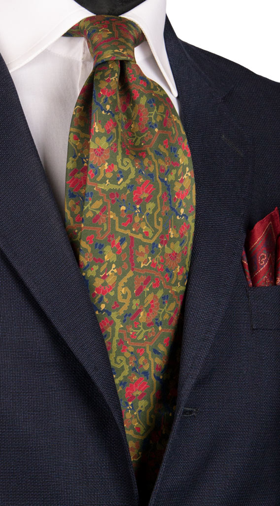 Cravatta Vintage in Twill di Seta Verde Oliva Fantasia Multicolor Made in Italy Graffeo Cravatte