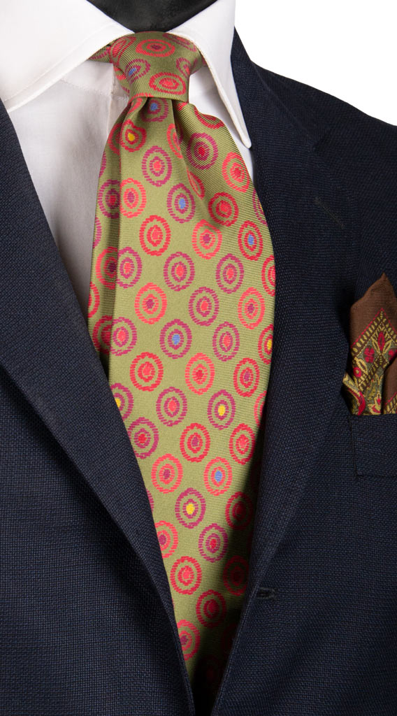 Cravatta Vintage in Twill di Seta Verde Oliva Fantasia Multicolor Made in Italy Graffeo Cravatte